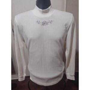 New NWT Womens Alfred Dunner Pullover Sweater Medium M Cream Floral Embroidered